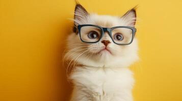 A cat wearing glasses on a yellow background photo