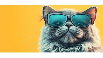 A cat wearing sunglasses on a yellow background photo