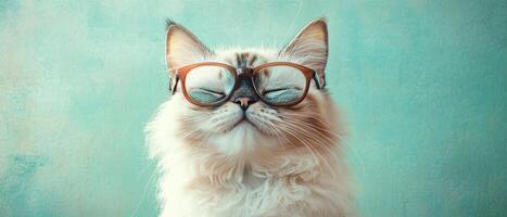 A cat wearing glasses on a blue background photo