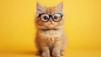 A cat wearing glasses on a yellow background photo