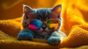 A cat wearing sunglasses laying on a blanket photo