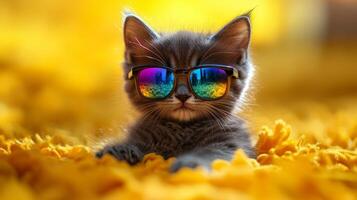 A cat wearing sunglasses on a yellow flower photo