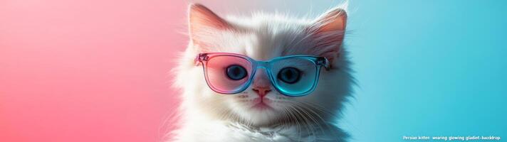 A cat wearing sunglasses on a pink and blue background photo