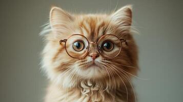 A cat wearing glasses on a gray background photo