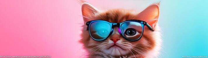 A cat wearing sunglasses on a pink and blue background photo
