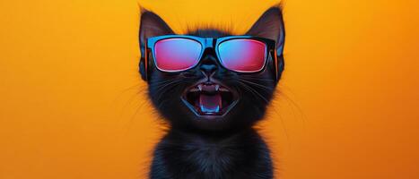 A black cat wearing sunglasses on an orange background photo