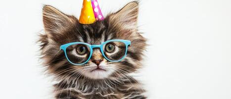 A cat wearing glasses and a party hat photo