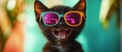 A black cat wearing sunglasses with its mouth open photo