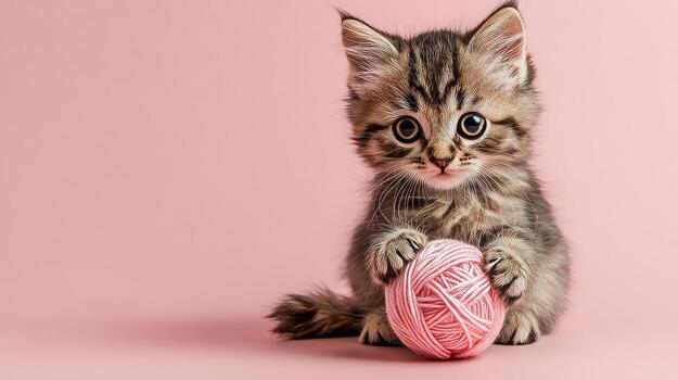 A kitten playing with a ball of yarn photo