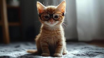 A kitten wearing glasses sits on a blanket photo