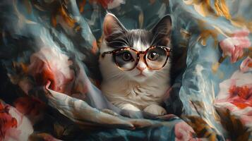 A cat wearing glasses sitting on a floral fabric photo