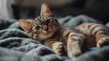 A cat wearing glasses laying on a bed photo