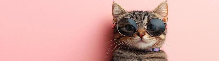 A cat wearing sunglasses on a pink background photo