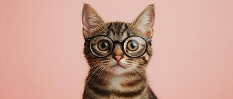 A cat wearing glasses on a pink background photo