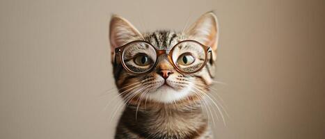 A cat wearing glasses on a brown background photo