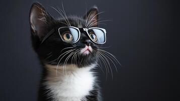 A black and white cat wearing glasses photo