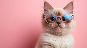 A cat wearing sunglasses on a pink background photo