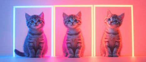Three cats in neon lights on a pink background photo