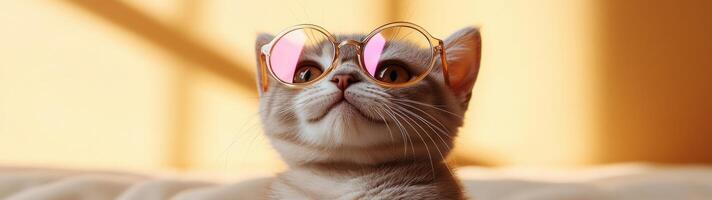 A cat wearing sunglasses on a bed photo