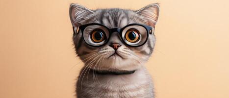 A cat wearing glasses on a yellow background photo