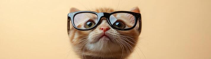 A cat wearing glasses on a yellow background photo
