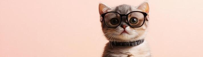 A cat wearing glasses on a pink background photo