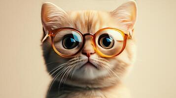 A cat wearing glasses on a brown background photo