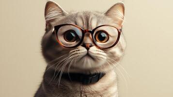 A cat wearing glasses on a beige background photo