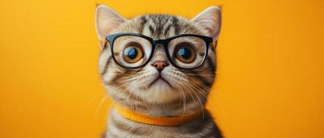 A cat wearing glasses on an orange background photo