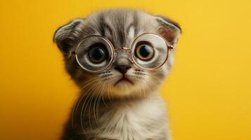 A cat wearing glasses on a yellow background photo