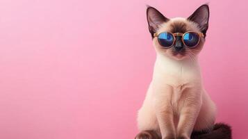 A siamese cat wearing sunglasses on a pink background photo
