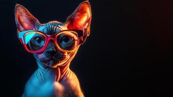 A cat wearing glasses on a black background photo