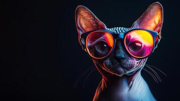 A cat wearing sunglasses on a dark background photo