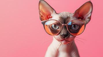A cat wearing sunglasses on a pink background photo