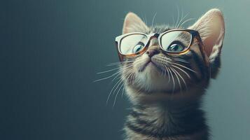 A cat wearing glasses looking up photo