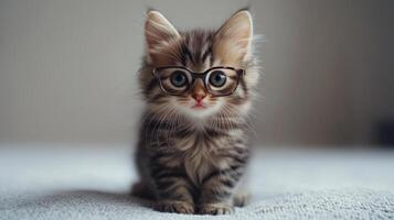 A kitten wearing glasses sits on a bed photo