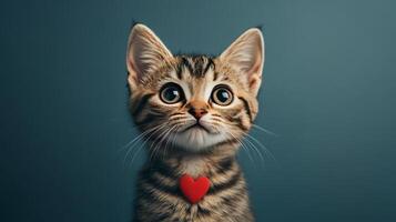 A cat with a red heart on its neck photo