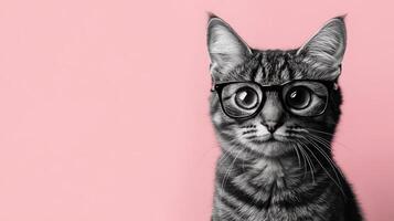 A cat wearing glasses on a pink background photo