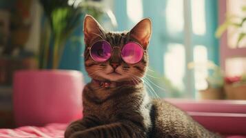 A cat wearing pink sunglasses on a bed photo