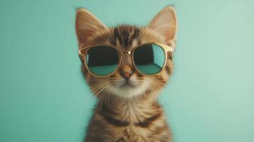 A cat wearing sunglasses on a blue background photo
