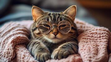 A cat wearing glasses laying on a blanket photo