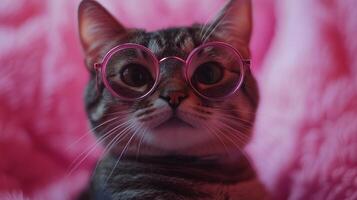 A cat wearing glasses on a pink background photo