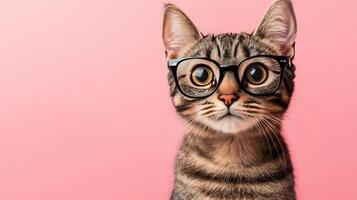 A cat wearing glasses on a pink background photo