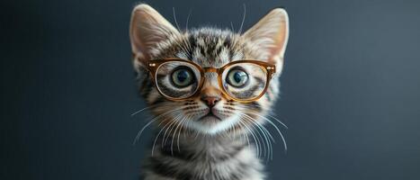 A cat wearing glasses on a dark background photo