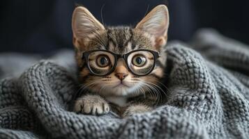 A cat wearing glasses and sitting on a blanket photo