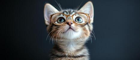 A cat wearing glasses on a dark background photo