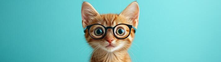 A cat wearing glasses and looking up at the camera photo