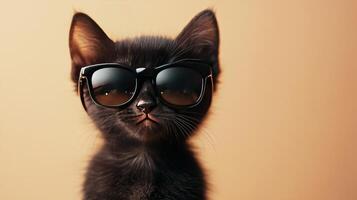 A black kitten wearing sunglasses on a beige background photo