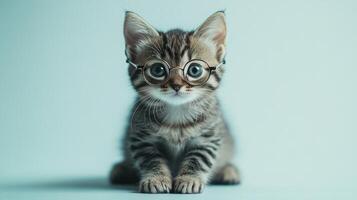 A cat wearing glasses on a blue background photo