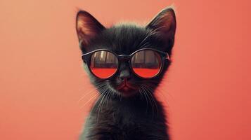 A black cat wearing sunglasses on a red background photo